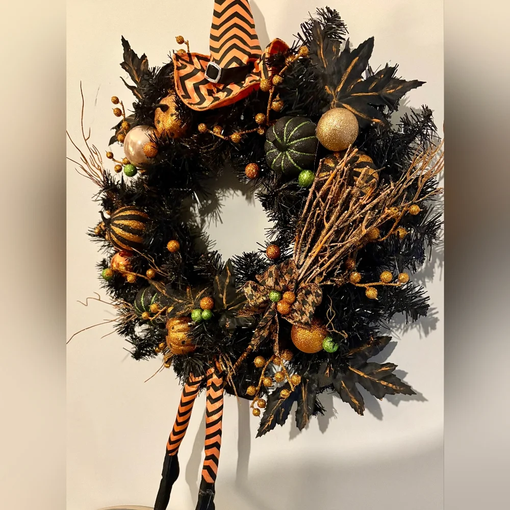 Festive Halloween Wreath with Orange and Black Accents